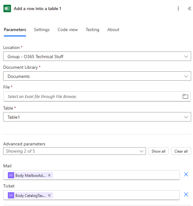 Excel add row action