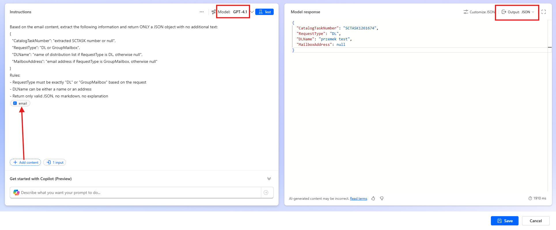 Prompt details and model selection