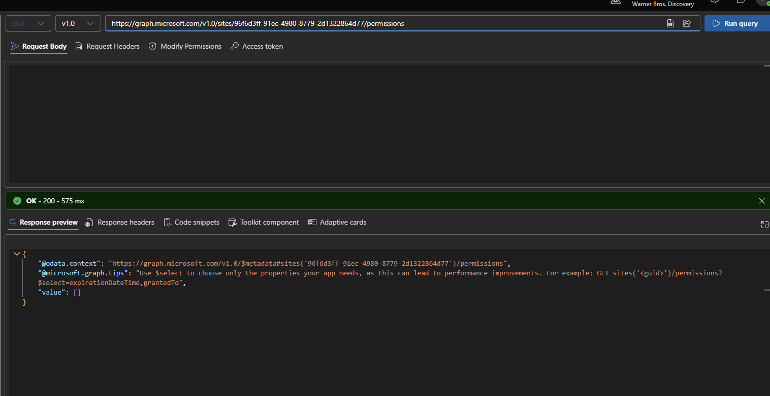 Graph Explorer GET request showing empty permissions array
