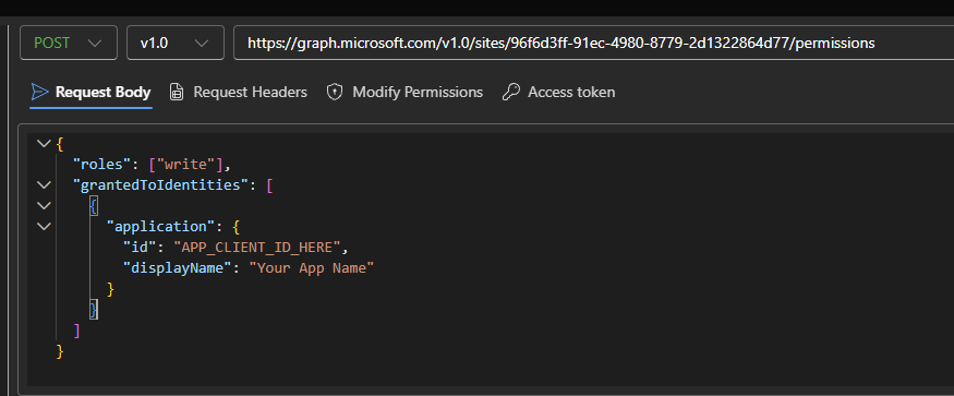Graph Explorer POST request body with app client ID and display name